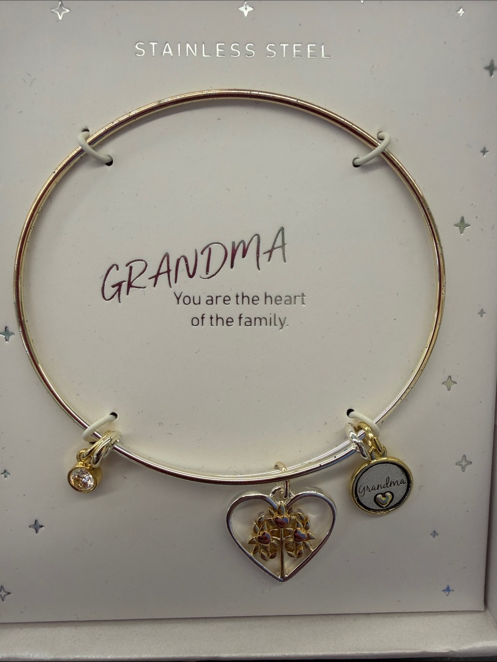 Grandma Heart Tree Charm Bangle Bracelet - Two-Tone Gold & Silver